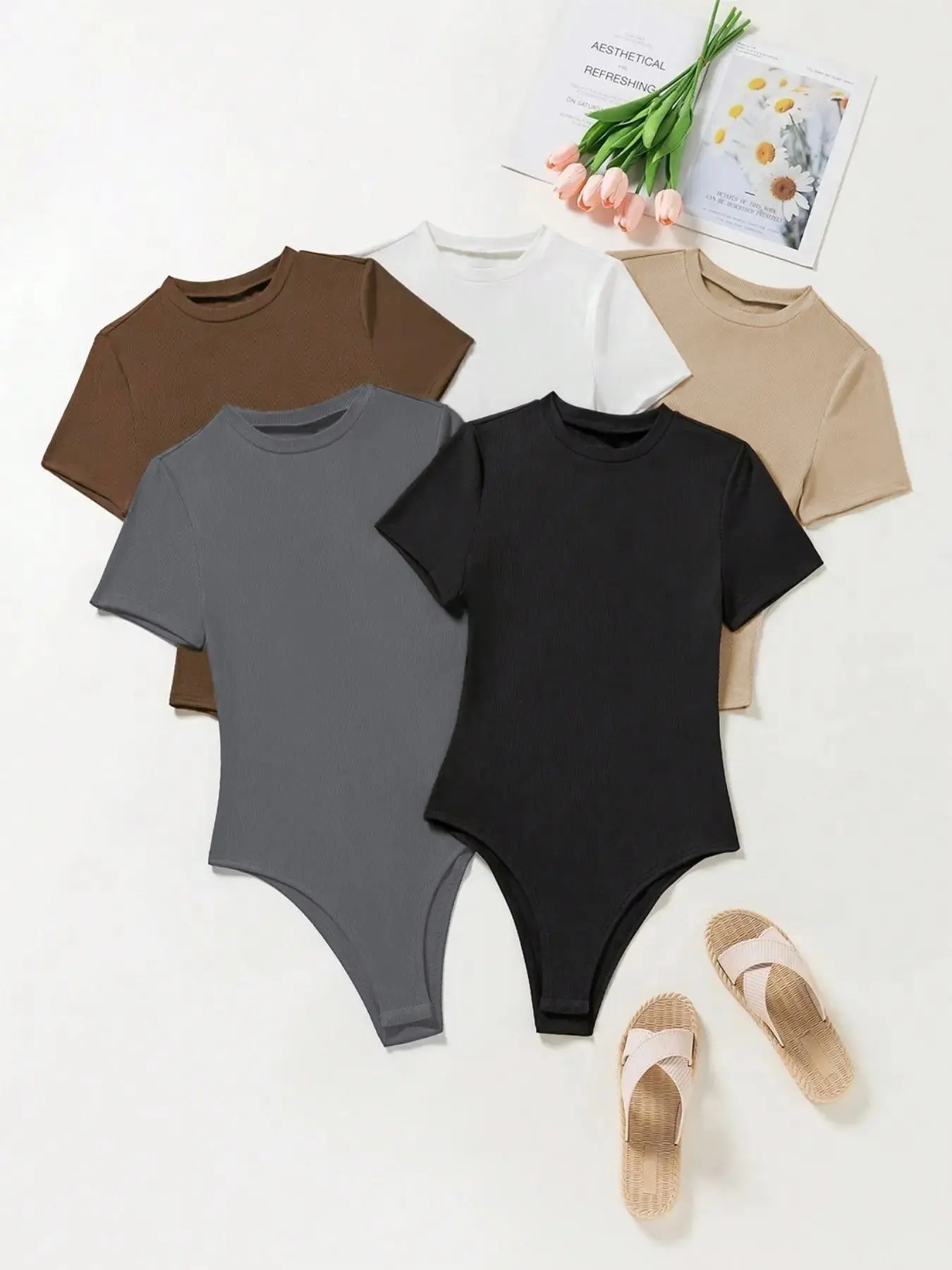 Women's Solid Round Neck Stretchy Bodysuit, Casual Basic Minimalist Slim Fit Short Sleeve Bodysuit Tops for Spring & Fall, Ladies Clothes for Everyday Wear Womenswear