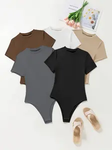 Women's Solid Round Neck Bodysuit, Casual Basic Short Sleeve Bodysuit Tops for Spring & Fall, Ladies Clothes for Daily Wear Womenswear