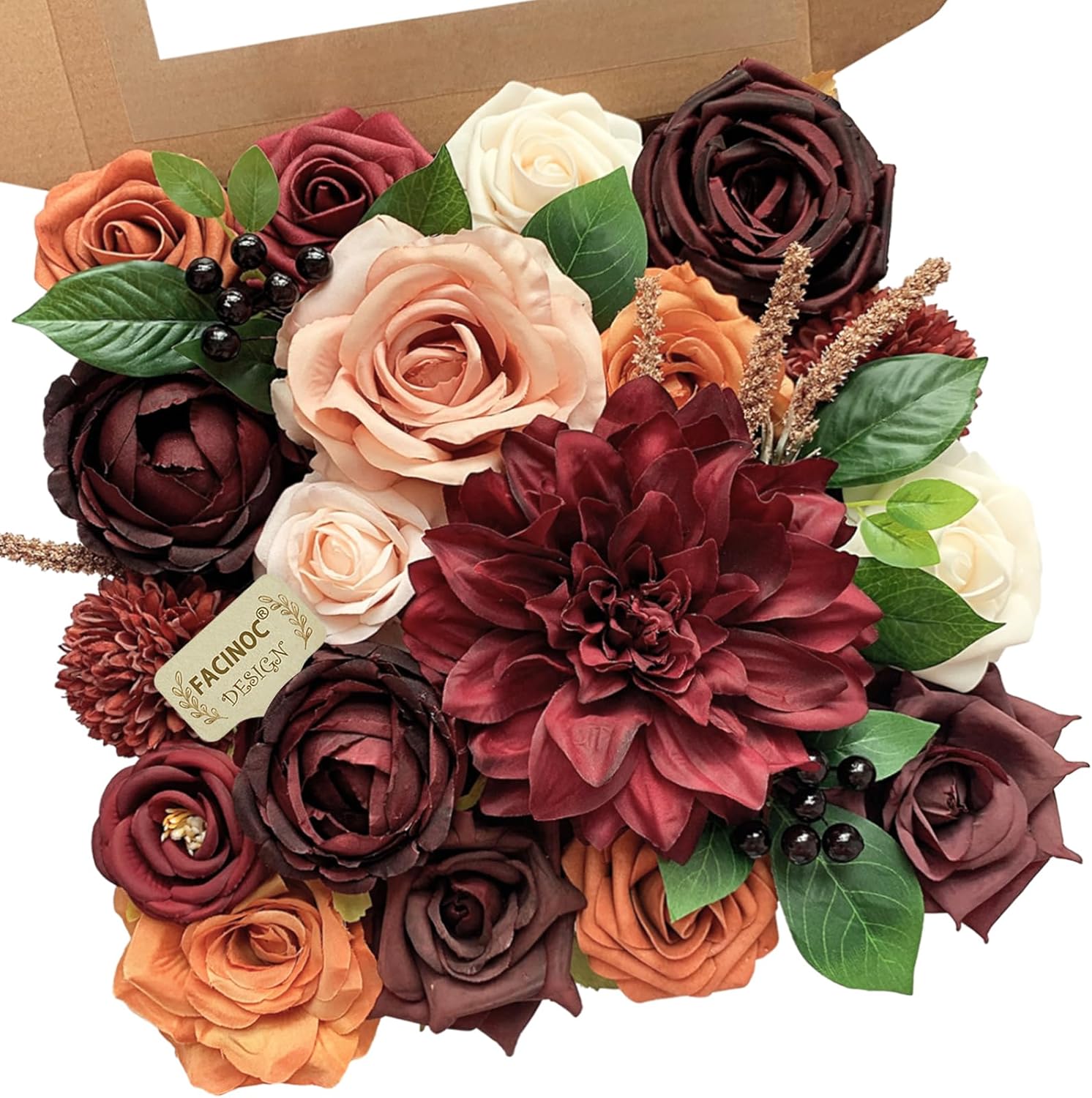 Roses Artificial Flowers Burgundy Bouquet Fake Flower with Stems for DIY Bridal Wedding Shower Decorations Party Table Centerpieces Faux Silk Floral Arrangement for Home Decor Indoor Orange