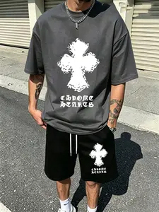 Trendy Men’s Chrome Hearts Style Cross 2-Piece Set | Gray Gothic Cross Graphic Tee + Black Matching Shorts Y2K Style Fashion Pattern Oversized Casual Streetwear Outfit, Summer Daily Wear