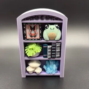 3D Print-Cozy Bookshelf Clicker with Miniature Decorations and Books for Displaying Collections and Decorative Items in Purple