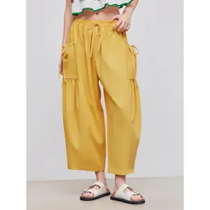 Cider [size 2-10] Mid Rise Solid Knotted Pocket Cropped Barrel-leg Trousers