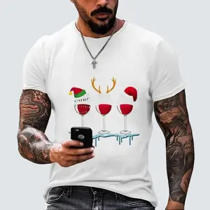 Men's Christmas Hats Wine Glass Print T-Shirt - Menswear, Top Breathable Festive