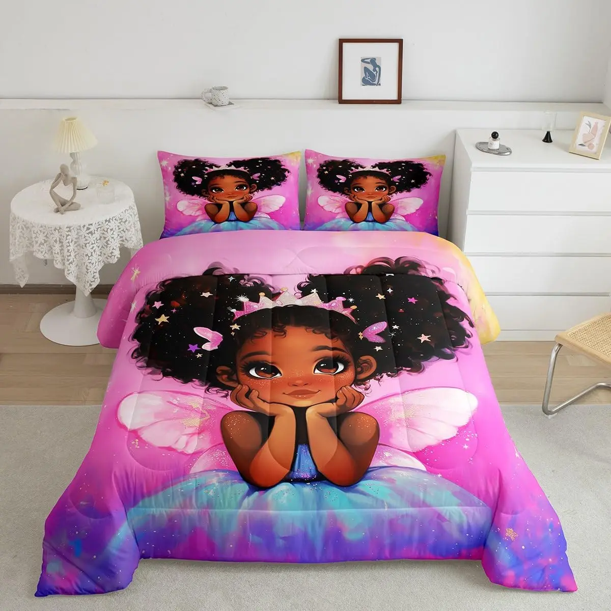 Feelyou Soft Warm Kids' Duvet Set - Soft Blankets, African Princess Wings, Galaxy Stars, Pink Gradient Designs, All-Season Skin-Friendly Bedding, Girl Room Accessories, Girly Room Decor