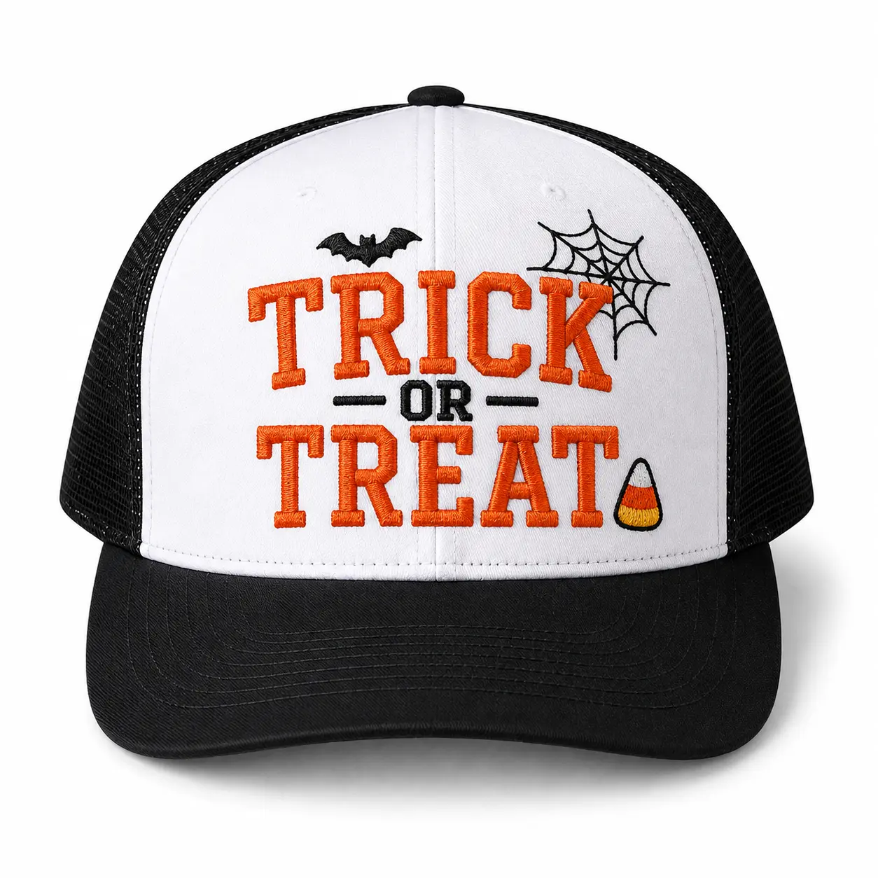 Trick or Treat Halloween Embroidered Trucker Hat, Orange Letter Black White Mesh Baseball Cap, Spooky Fall Cap for Adults