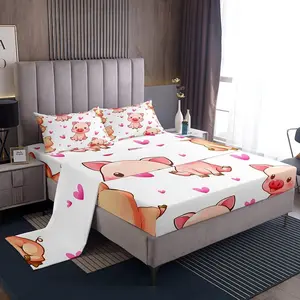 Feelyou Cute Square-Faced Pig & Heart Printed Bedsheet Set, Breathable Soft Bedding, Multi-Size Fitted Sheet & Bed Cover for Summer Use, Breathable Sheets, Bedsheet Sets