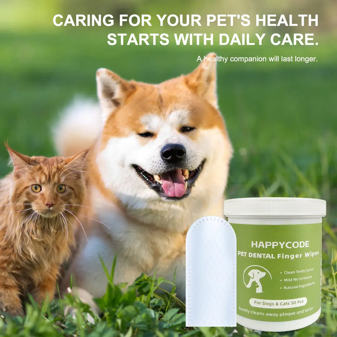 HAPPYCODE Pet Care Finger Wipes 50 Count, Double Sided, Remove Plaque, Tartar, Bad Breath, No Rinse Finger Toothbrush for Dogs and Cats,dog teeth plaq