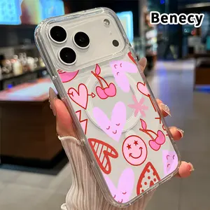 Magnetic Soft Case for iPhone 17 16  Pro Max Plus 15 14 13 12 11 Air E Cherry Kisses Pattern Anti-Yellowing Shockproof ultra-thin Silicone Crystal Transparent Acrylic Large Hole Cover Supports Wireless Charging