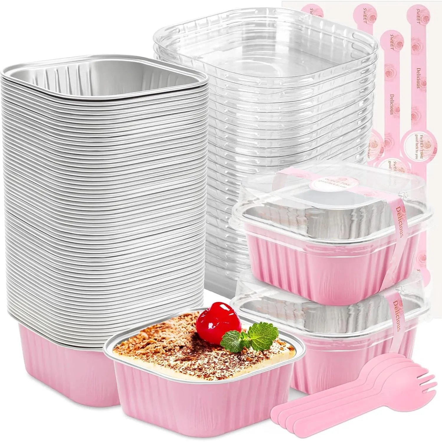 60 Pack Mini Cake Pans with Lids Foil Pans Square Aluminum Pans with Lids Cupcake Liners for Birthday Wedding Party  (Pink, 5 oz)
