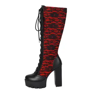 Women Gothic Lace Up Knee High Boots Platform Block Heels Vintage Halloween Party Shoes Plus Size