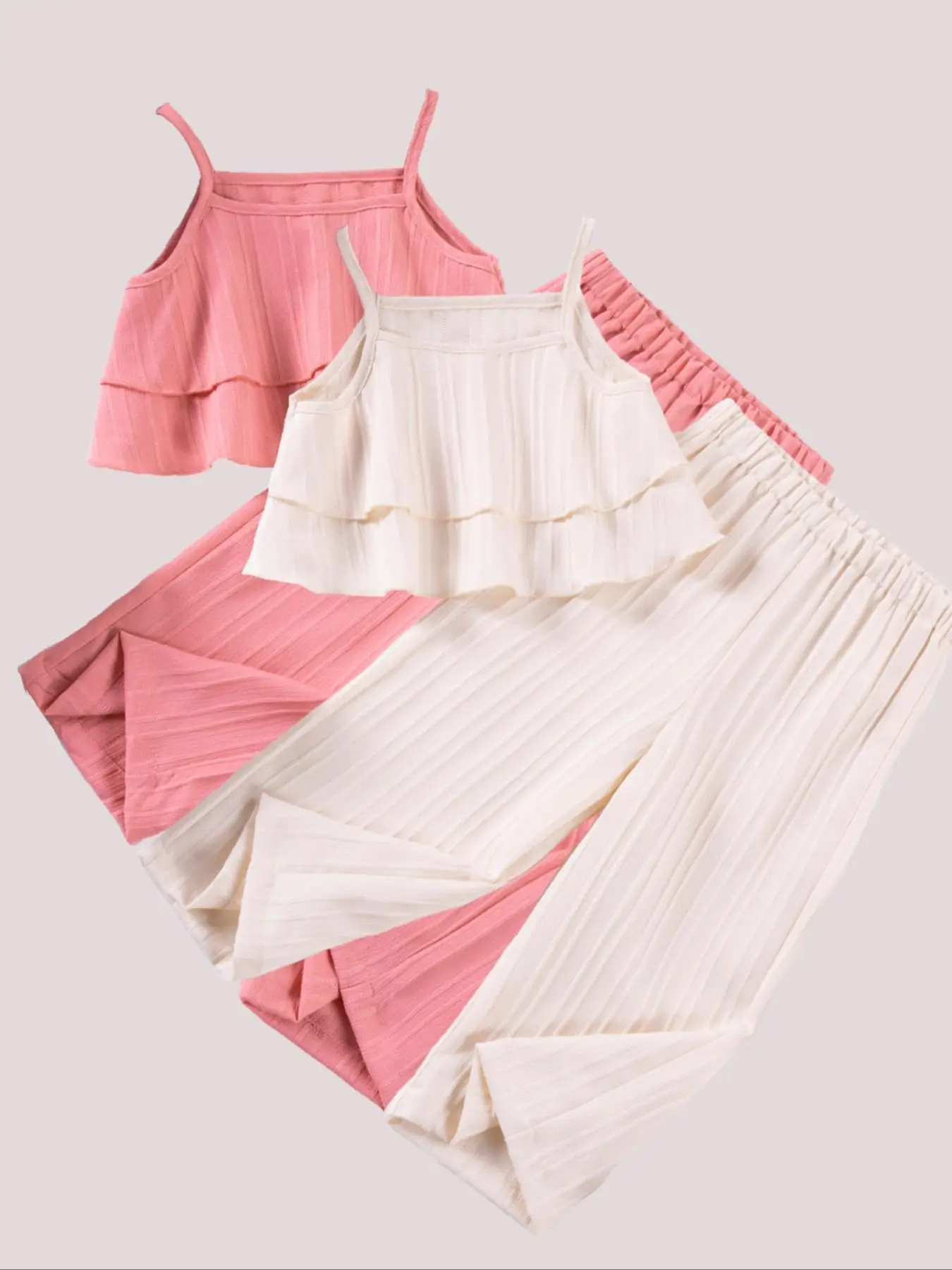 Toddler Girl's Solid Crop Cami Top & Wide Leg Pants Co-ord Set, Cute Casual Sleeveless Spaghetti Strap Top & Trousers for Summer, Kids Clothes for Dai