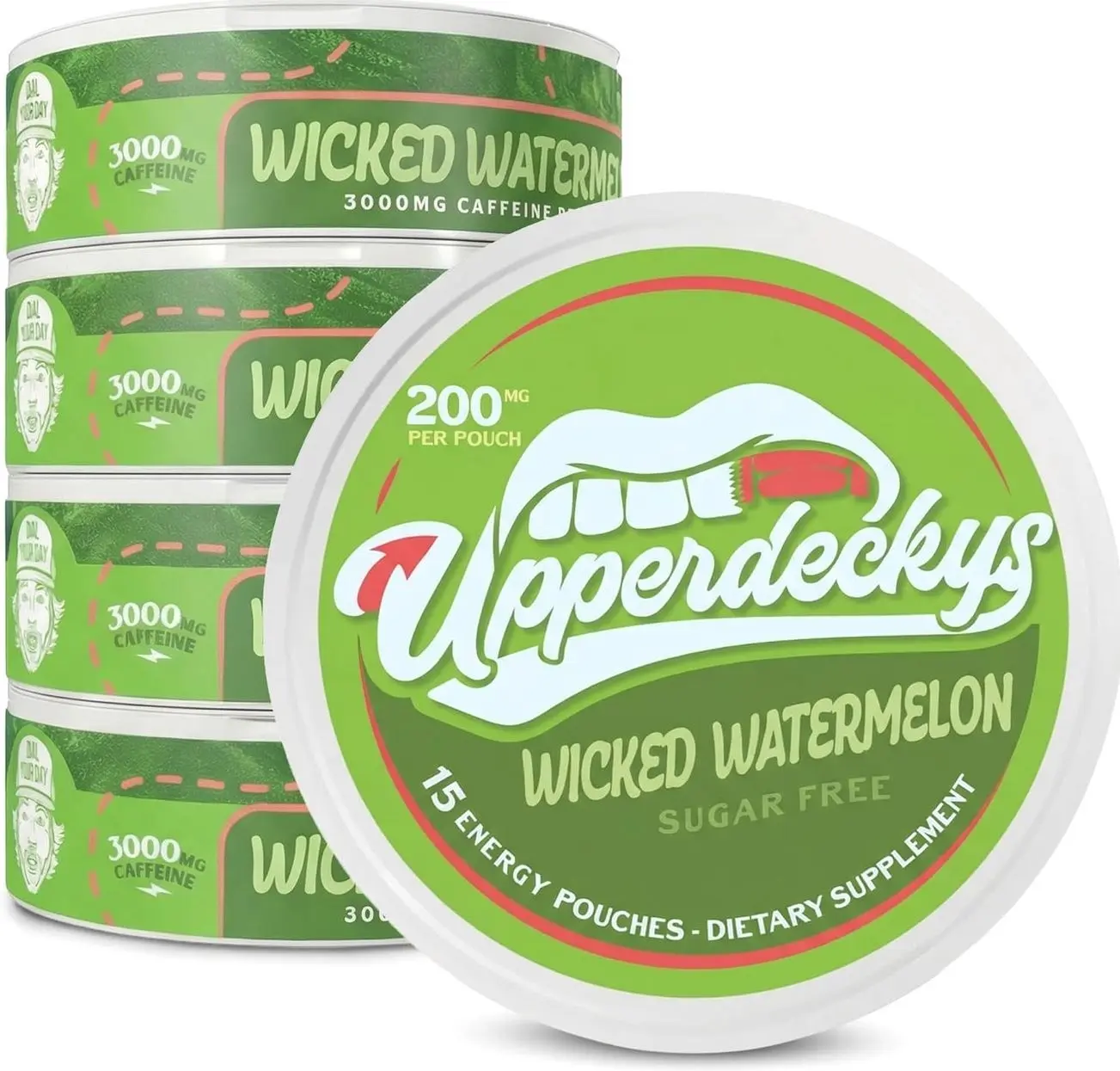 Upperdeckys Caffeine Energy Pouches - 200mg Caffeine Supplement for Energy and Focus - Wicked Watermelon Nicotine Free Gym Supplements for Men & Women - No Jitters, No Crash & Dip Alternative - 5 Pack