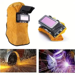 Welding Helmet Mask with Lens, Leather Welding Hood Work Hat, Adjustable Welding Helmet Protection Mask, Sweat Absorption, Heat Resistant, Breathable, for Welding Workplaces
