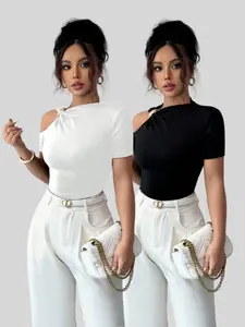New Trendy Chic Elegant High-Quality Versatile Women's Off-Shoulder Fitted T-Shirt Two-Piece Set, Stylish and Comfortable Summer Top