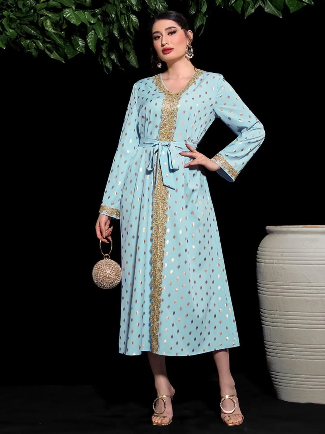 Women's Polka Dot Print Embroidered Lounge Dress, Elegant Long Sleeve V Neck Long Dress for Daily Wear, Ladies Islamic Clothing for All Seasons