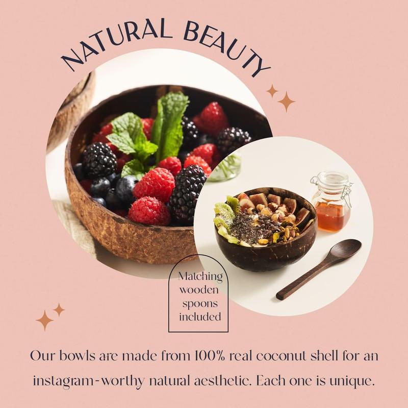 Coconut Bowl Set with Wooden Spoons – Eco-Friendly Acai Bowls, Yogurt Bowls & Smoothie Bowl – Ideal for Ninja Creami & Healthy Breakfasts (Set of 2)  Utensils Dinnerware Smoothiebowl