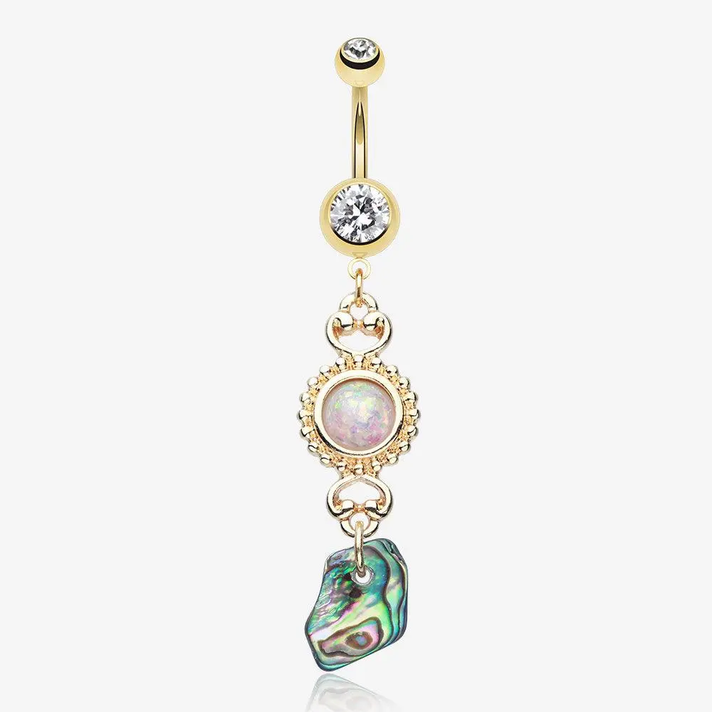 Golden Opal Abalone Dangle Belly Button Ring 316L Stainless Steel Gold Plated 14 GA Eye-Catching Navel Piercing Jewelry