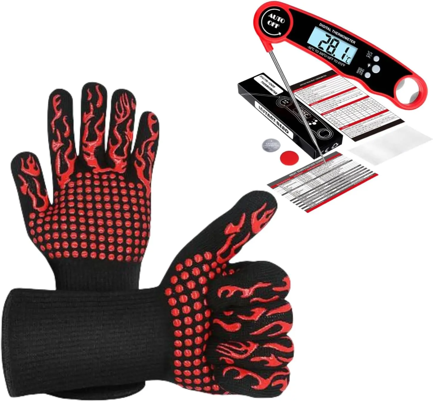 BBQ Gloves, Heat Protection Grilling Gloves Kitchen Gloves Up to 1472F+ Meat  Probe Auto-Off for Barbecue,Grill,Cooking, Baking,