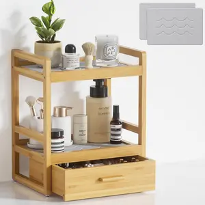 2 Tier Organizer Countertop, Bamboo Organizers and with Drawer for Skincare & Makeup, Counter Shelf with Stone Drying Mat for Coffee Bar,, Matcha Station