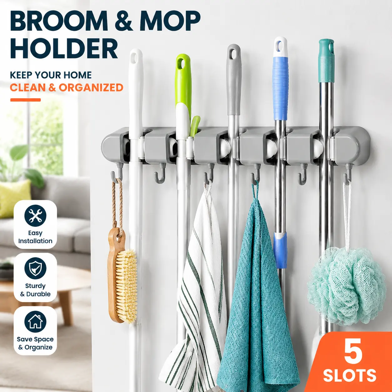 Wall-Mounted Broom and Mop Organizer, Adjustable Storage Rack with 4 Grips and 5 Hooks for Garage, Kitchen, Laundry Room and Garden, Silver