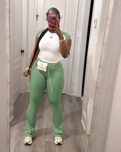 USBoutique Chic Women's Colorblock Top & Pants Two-piece Set Crew Neck Casual Fashion Fitted Cozy Breathable Outfits for Daily Outdoor Wear Ladies Summer Clothes Matching Trouser Set for Gym & Casual Wear