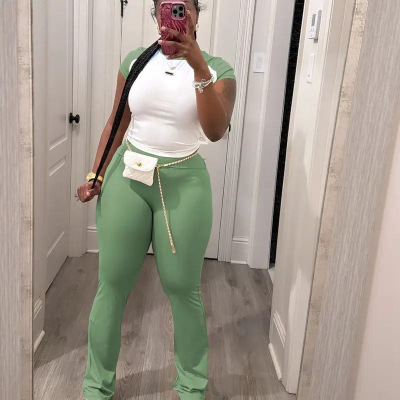 USBoutique Chic Women's Colorblock Top & Pants Two piece Set Crew Neck Casual Fashion Fitted Cozy Breathable Outfits for Daily Outdoor Wear Ladies Summer Clothes Matching Trouser Set for Gym & Casual Wear