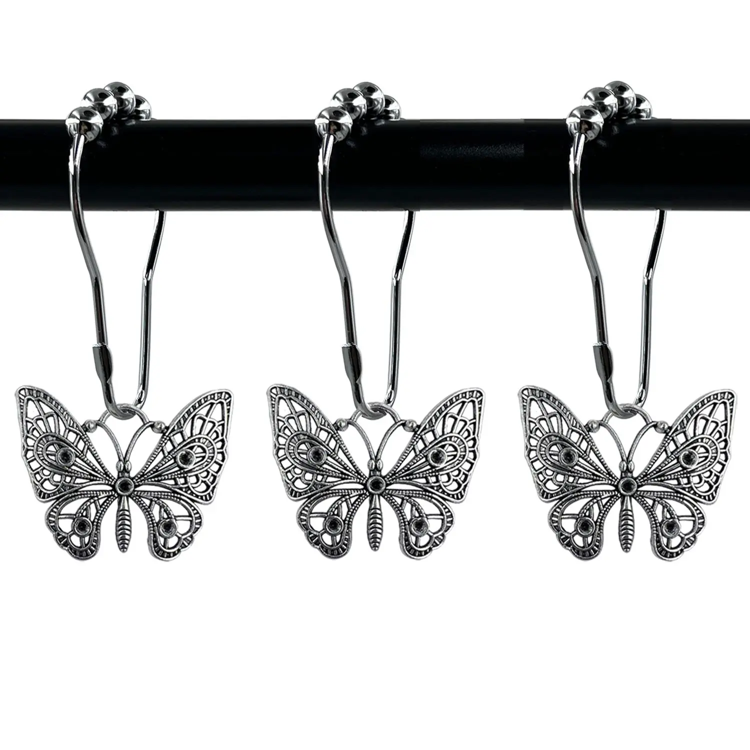 Metal Shower Curtain Hook Set, 12pcs Anti-rust Curtain Hook and 12pcs Butterfly Design Pendant Set, Bathroom Accessories, Interior Home Decor Supplies, Bathroom Decoration Accessories, Shower Curtain Hooks Rust Proof, Shower Curtain Hooks Decorative