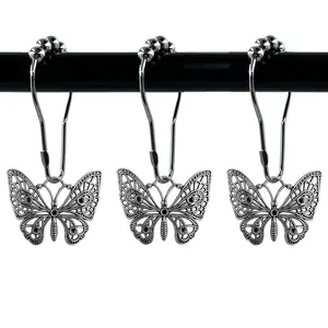 Metal Shower Curtain Hook Set, 12pcs Anti-rust Curtain Hook and 12pcs Butterfly Design Pendant Set, Bathroom Accessories, Interior Home Decor Supplies, Bathroom Decoration Accessories, Shower Curtain Hooks Rust Proof, Shower Curtain Hooks Decorative