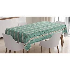 Turquoise Tablecloth, Traditional Polka Dots Vertical Lines Abstract Hand Drawn, Rectangular Table Cover for Dining Room Kitchen Decor, 60" X 84", Turquoise Brown Cream