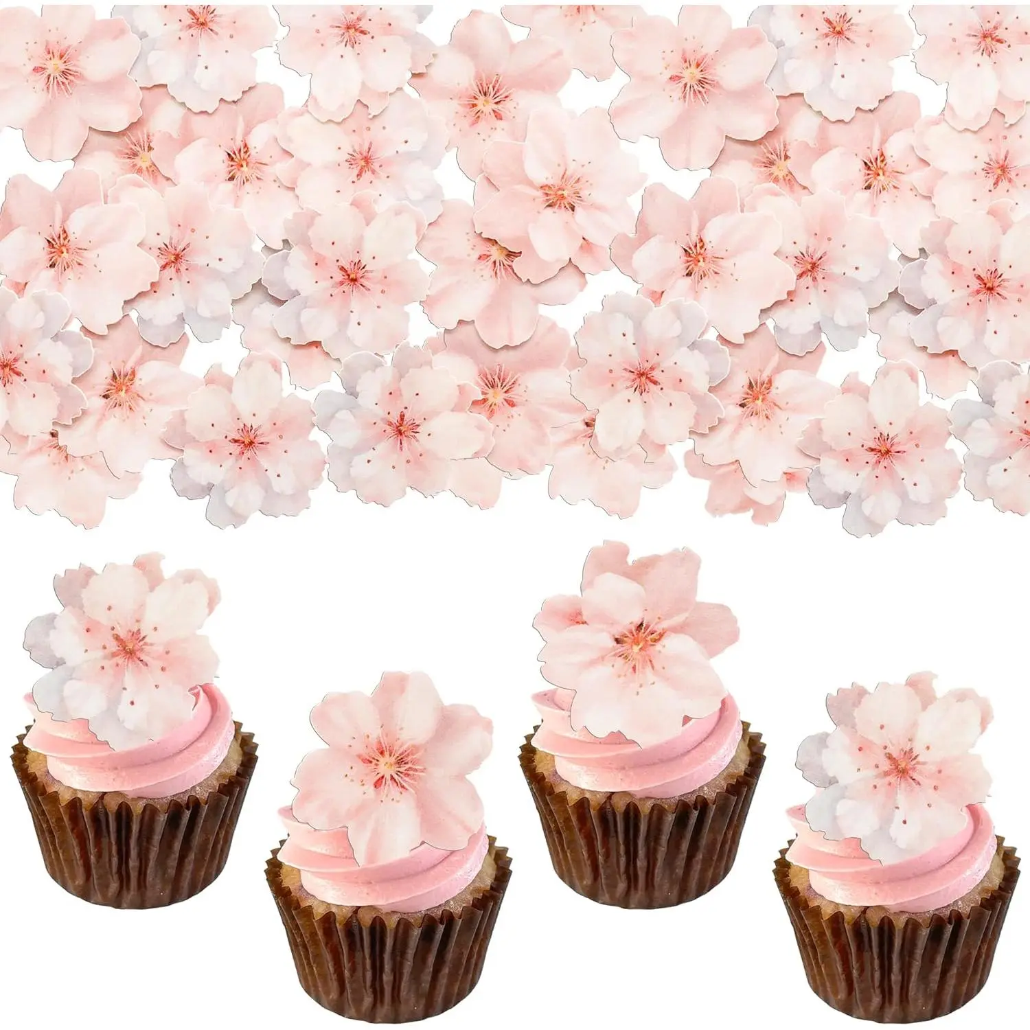 54Pcs Multi-Size Watercolor Floral Edible Cherry Blossom Flowers Cake Decorations - Safe Paper Cupcake Toppers (4.5cm x 3.5cm, Pink) for Wedding, Baby Shower Supplies