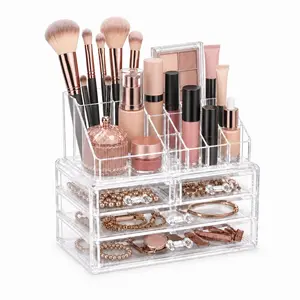 Acrylic Makeup Organizer – 4 Drawers & 16 Slots, Stackable Storage for Cosmetics, Jewelry & Office – Space Saving