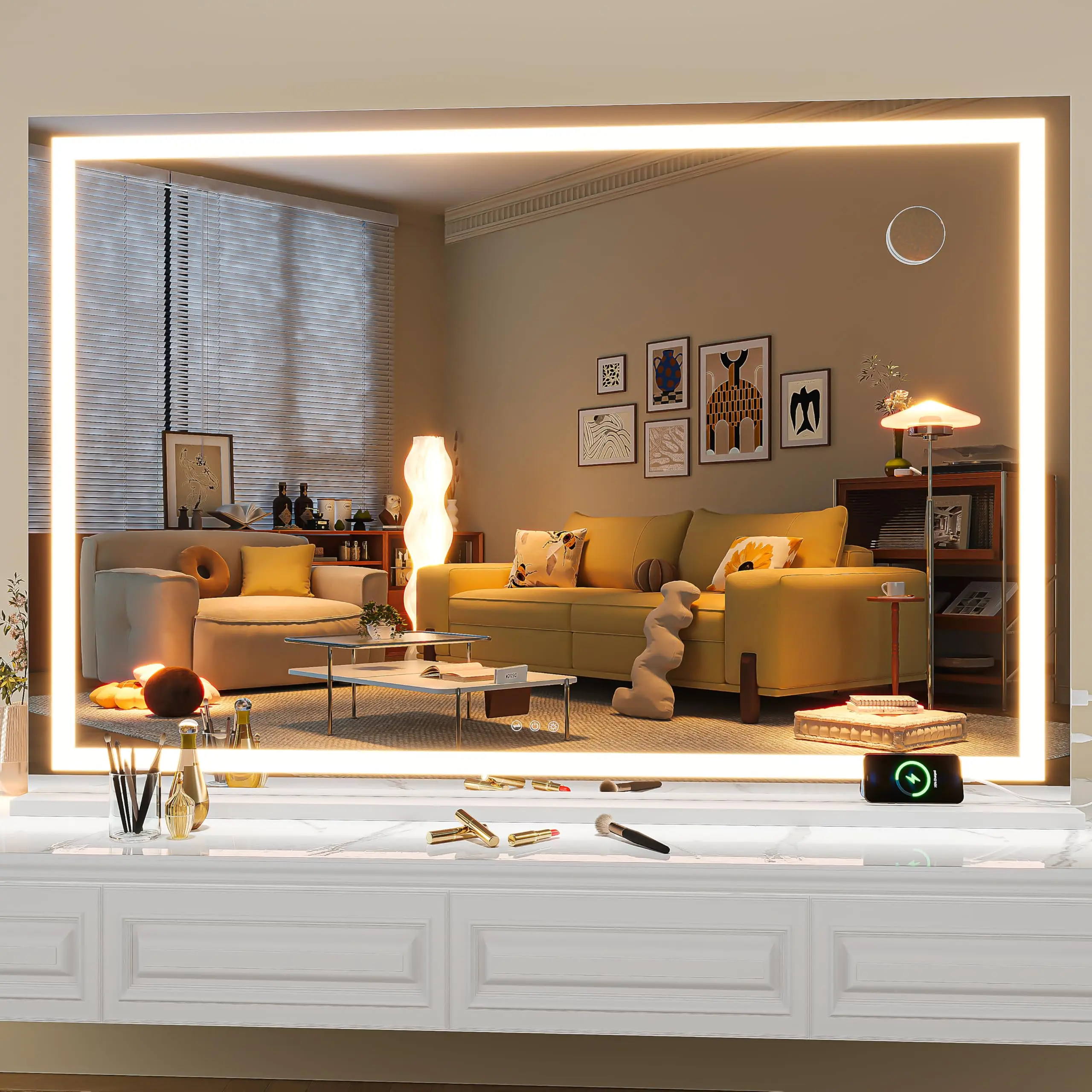 Hasipu Large Lighted Glass Vanity Mirror - 50"x34" White Square Adjustable LED Mirror with Dimmable 3 Modes, Touch Screen Control, 50000 Hours Life, Horizontal Hanging Lighting for Powder Room, Perfect Gift for Girls