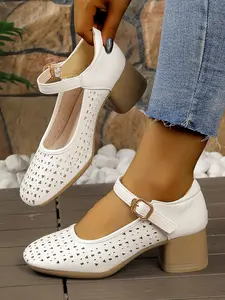 Women's Hollow Out Mary Jane Shoes, Chunky Heel Square Toe, Summer Commute Breathable Comfortable High Heels, Outdoor Wear
