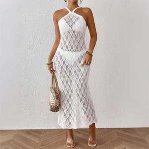 Leaf Openwork Knit Crisscross Halter Neck Maxi Cover Up Dress