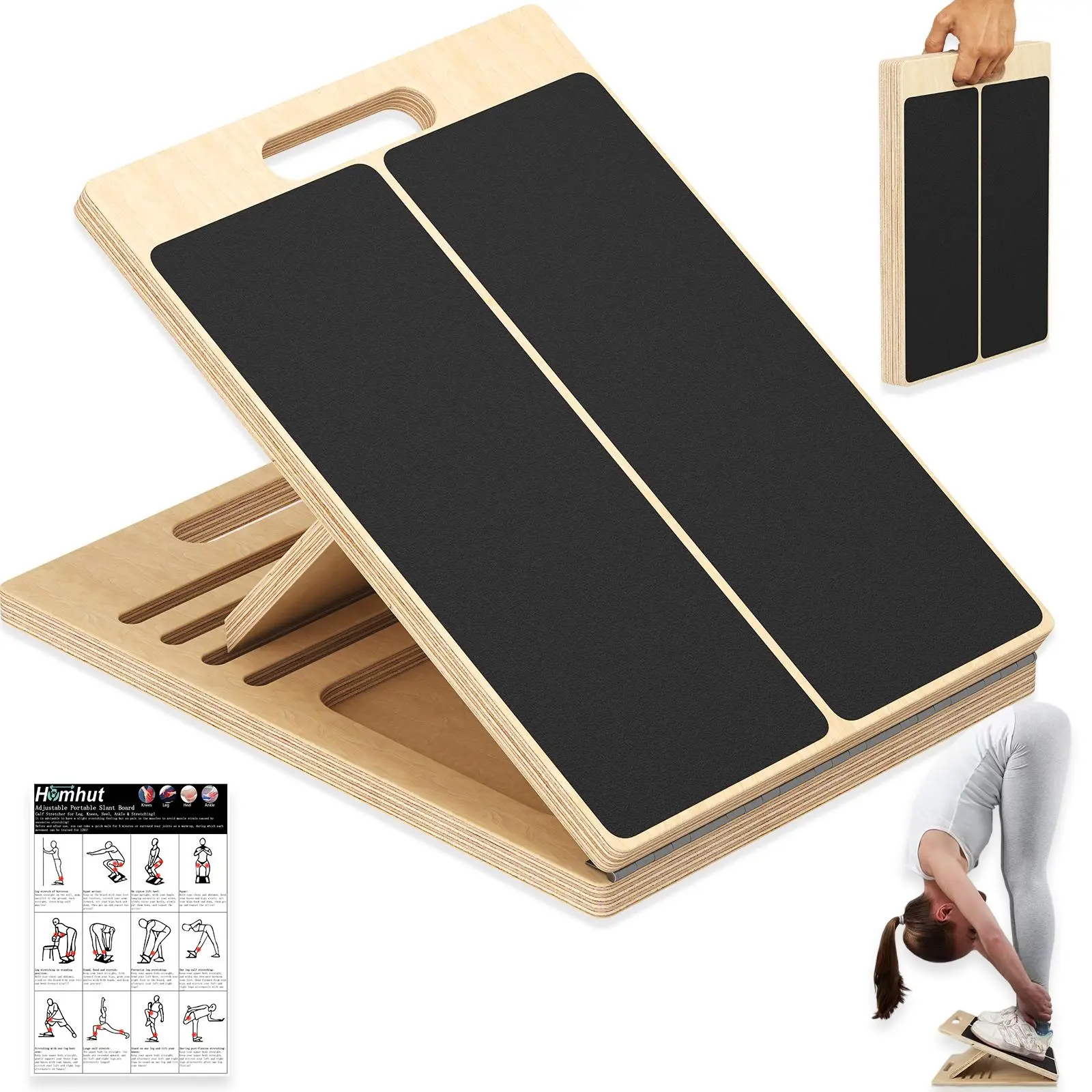 Portable Wood Made Incline Board, Calf Stretcher for Squat Workout, Rehabilitation Equipment for Ankle Heel Feet Leg Knee, Adjustable Tilt Board with Ankle Support and Manual