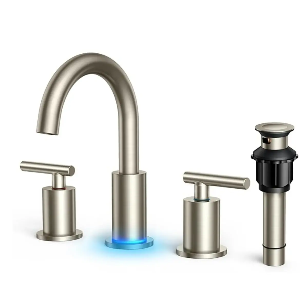 FORIOUS Brushed Nickel Stainless Steel Double Handle Bathroom Sink Faucet - 3-Hole, Eco-Friendly Standard Spout Tap with Pop-Up Drain, Temperature-Changing LED Light, Water Flow Control, Easy Install, Lighted Water Jet, Back to School, Double Handle Fauce