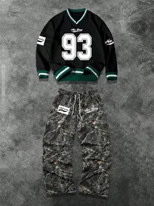 Street Casual Set Unisex Stacked Collar Sweatshirt Long Sleeve Print Pants Two-Piece Set Outfit, Colorblock, American Retro School Style, Streetwear