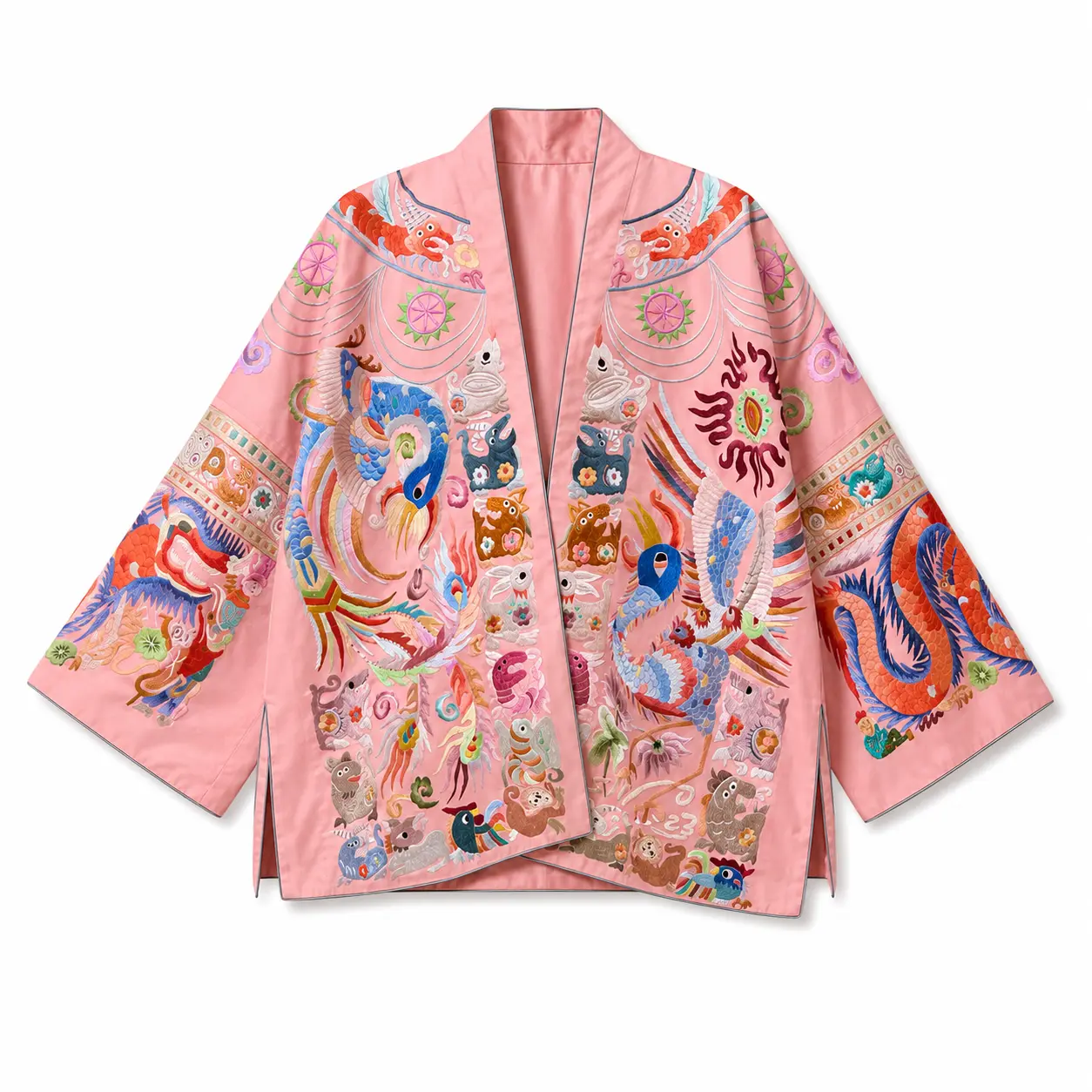 Double-Sided Silk Jacket with Split-Thread Embroidery - Birds & Beasts Themed 1-of-a-Kind Wearable Art Piece