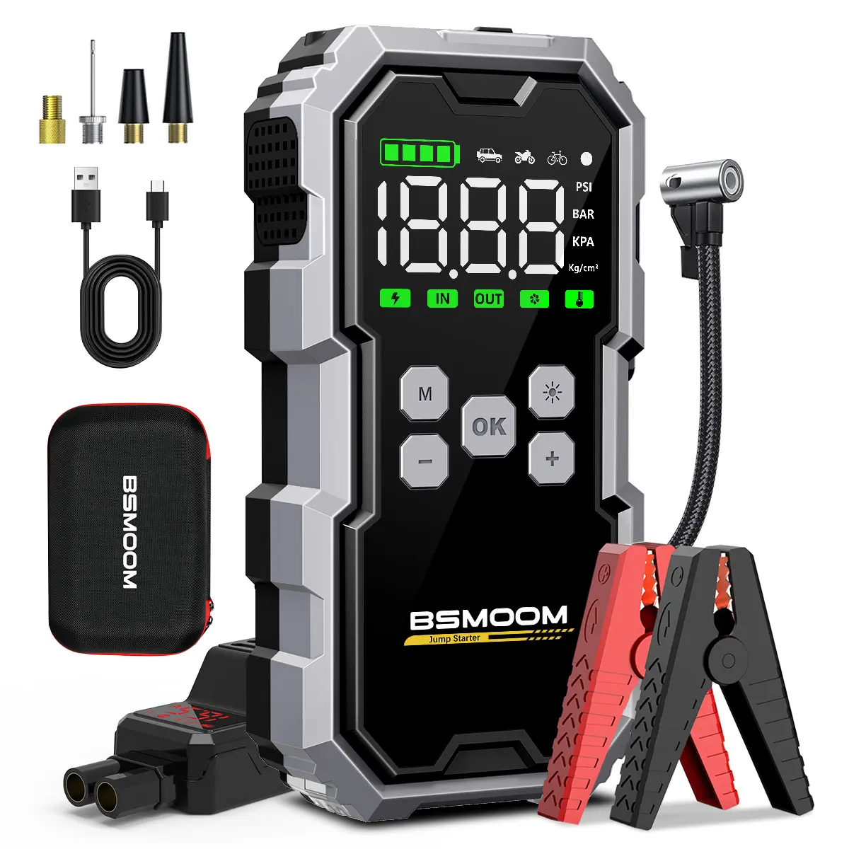 9000A Capacity 5-in-1 Automotive Multi-Tool Pack, Portable Car Jump Starter with 150 PSI Air Compressor, 12V Battery Booster, 15W Fast Charger, Digital Tire Pressure Checker, Emergency LED Light, Car Accessories for All Vehicles