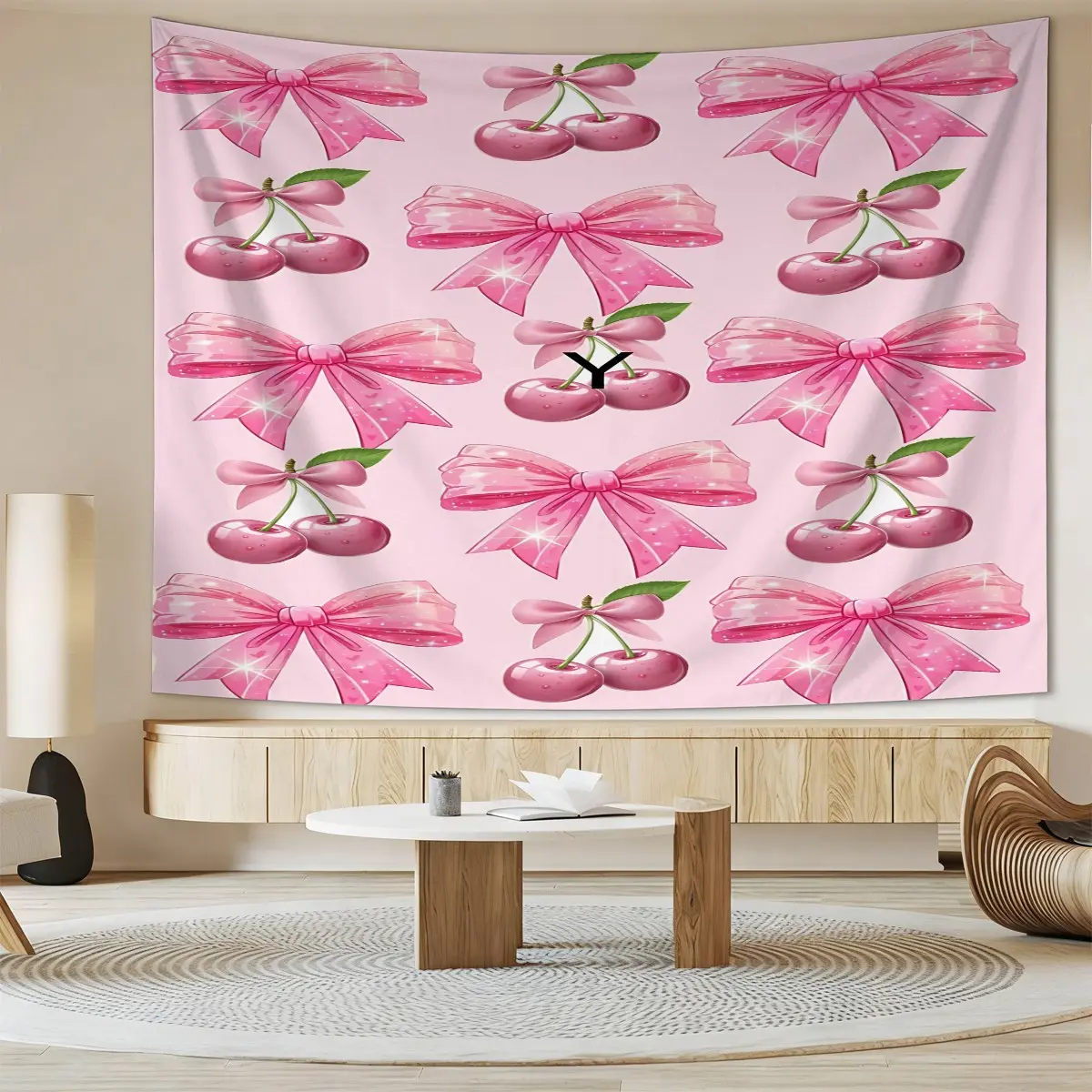 This Cherry Bow-Themed Printed Decorative Tapestry Is Breathable, Drapes Beautifully, and Is Easy to Care for. It Effortlessly Conceals Wall Imperfections, Creating A Sweet and Girly Relaxation Corner In Your Home.