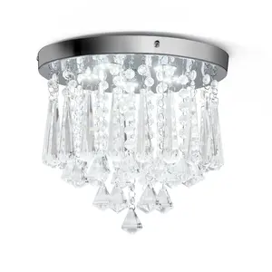 Modern Crystal Flush Mount Chandelier 11.8" Round LED Ceiling Light Fixture Raindrop Ceiling Pendant Lamp Small for Foyer Dining Room Hallway Chrome Cool Dimmable 3000-6000K