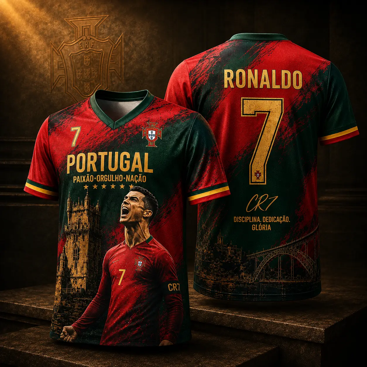 Ronaldo CR7 Portugal Soccer Jersey, Red and Green Portuguese Football Shirt, Ronaldo Inspirational Graphic Jersey, Fan Outfit, Soccer Supporter Gift for Men and Women