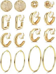 8 Pairs Gold Clip on Earrings for Women 14K Gold Plated Chunky Clip on Hoop Earrings Non Pierced Fashion Fake Hoops Earings Jewelry Set Earring Stacking Set