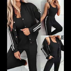 Women’s 3-Piece Set with Striped Tape, Patch Vest, Button-Front Jacket & Turn-Up Pocket Pants