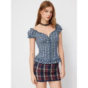Cider Sweetheart Tartan Ruched Lettuce Trim Layered Blouse
