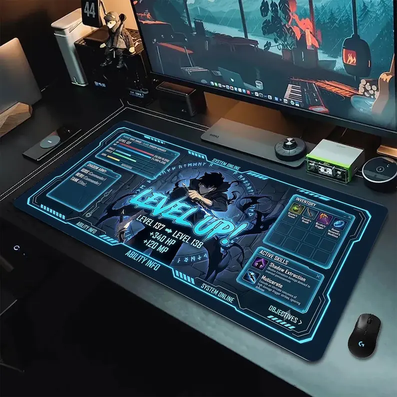 Level Up Desk Mat Extra Large Gaming Mouse Pad Solo Leveling Anime HUD Design