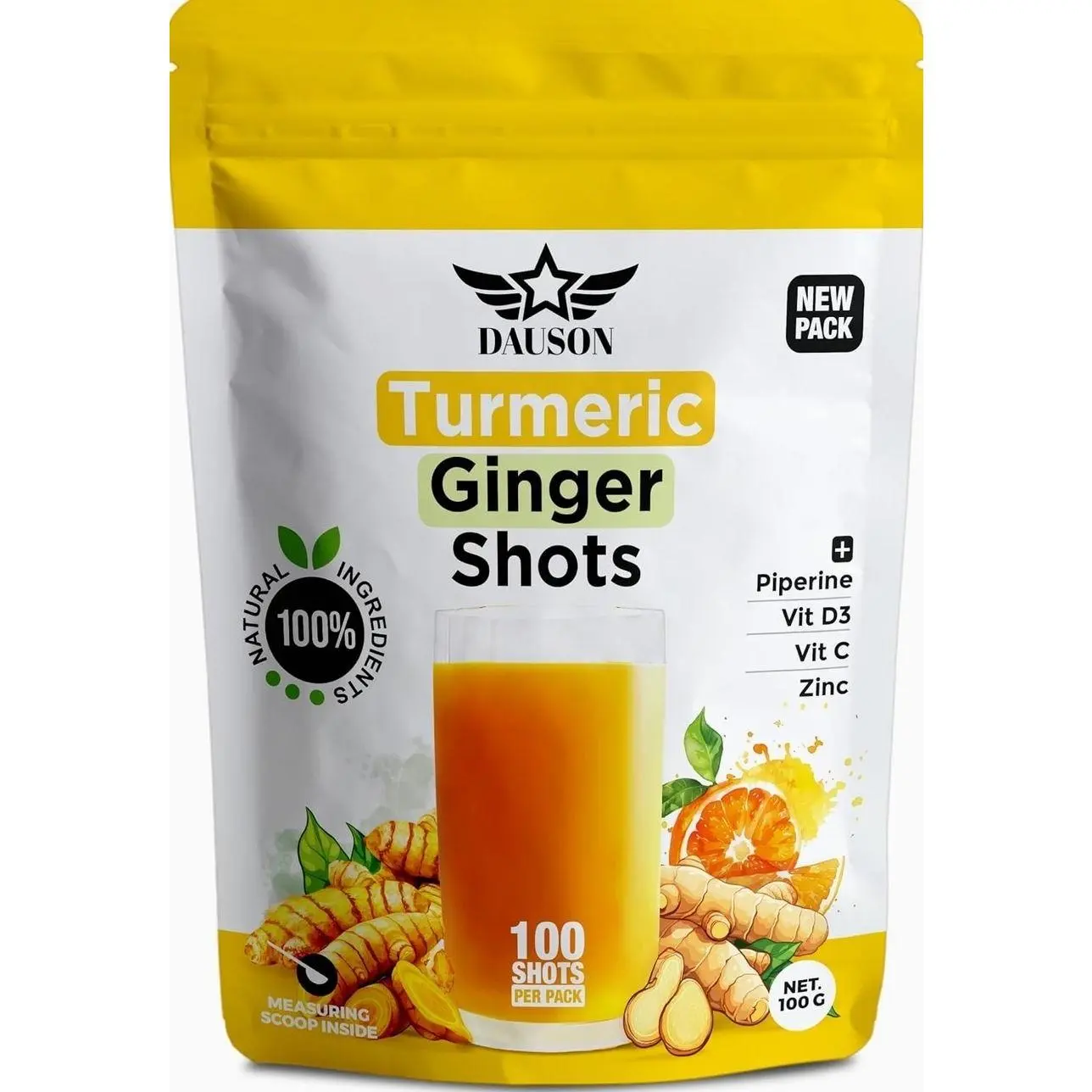 Turmeric Ginger Supplements with Piperine, Vitamin C, Vitamin D3 & Zinc | 100 Servings of Ginger Turmeric Shots for Joint, Heart, Brain, Gut & Skin Health | Ayurved | Powder
