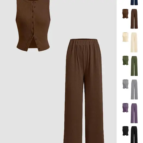 Women's Solid Ribbed Button Tank Top & Straight Leg Pants Two-piece Set, Fitted Clothing Set, Casual Sleeveless Top & Trousers for Daily Wear, Ladies Two-piece Outfits for All Seasons, Airport Outfit, Casual Matching Sets, Casual Fashion Set