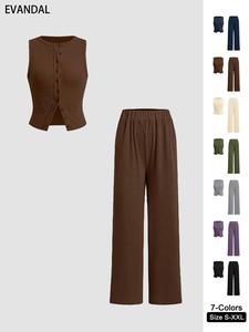 women's solid ribbed button tank top & straight leg pants two-piece set, casual sleeveless top & trousers for daily wear, ladies two-piece outfits for all seasons, womenswear