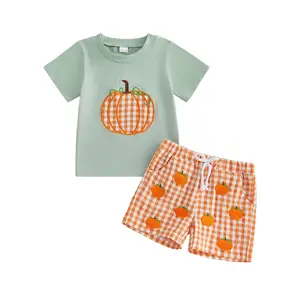 2Pcs Toddler Baby Boy Halloween Outfits Set Short Sleeve Crew Neck Pumpkin Embroidery Tops T shirt and Plaid Shorts Clothes Set